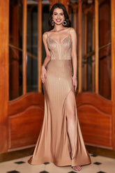 Meerjungfrau Spaghettiträger Champagner Korsett Ballkleid mit Perlen